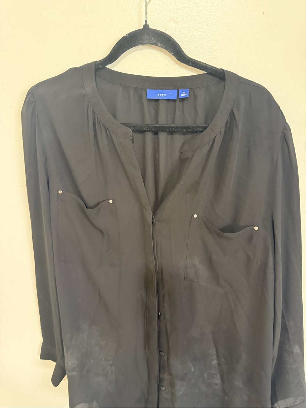 Apt. 9 Black Long-Sleeve Button-Front Blouse with Stud Pocket Details